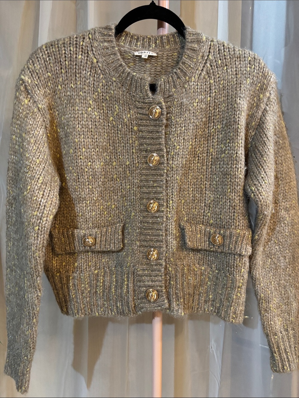 Jodifl Preppy Knit Classic Button-Front Oversized Crop Sweater Cardigan - Beige
